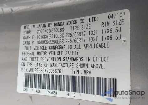 2007 Honda Cr-V Ex z USA, uszkodzony, nr VIN JHLRE385X7C056761